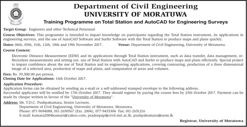 Training Programme on Total Station & AutoCAD for Engineering Surveys - Department of Civil Engineering - University of Moratuwa